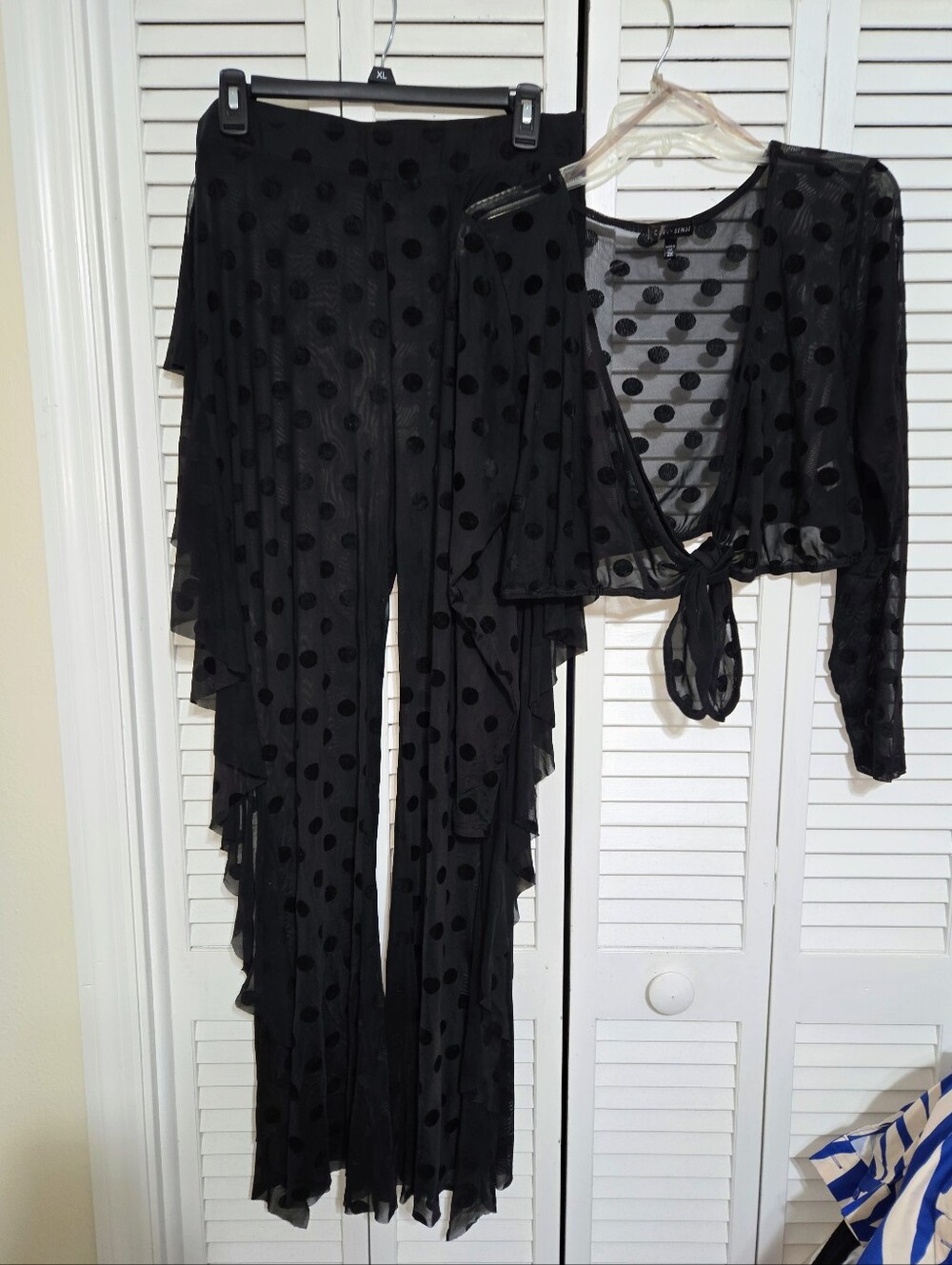 Curvy Sense Women's 2X Black Polka Dot Mesh Tie-Front Top & Ruffled Pants Set